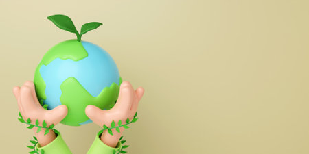 3d hand holding a planet earth isolated on yellow background. Sustain earth concept. Save Earth. Environment Concept. 3d rendering illustration.の写真素材