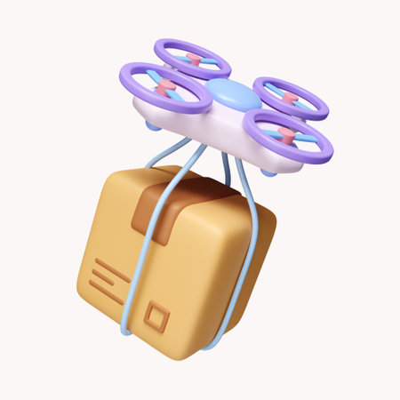3d delivery drone flying with cardboard box. express delivery service. icon isolated on white background. 3d rendering illustration. Clipping path.の写真素材