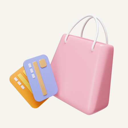 3d shopping paper bag credit card. electronic payment concept. Credit card paying. icon isolated on white background. 3d rendering illustration. Clipping path.の写真素材