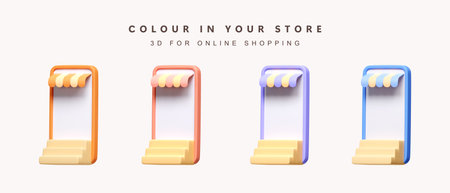 3d Set of color store on phone for shopping online concept. icon isolated on white background. 3d...