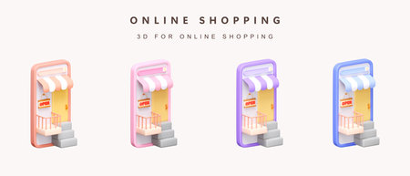 3d Set of color open store on phone for shopping online concept. icon isolated on white background. 3d rendering illustration. Clipping path.の写真素材