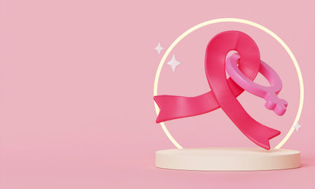 Pink ribbon and female symbol on podium on pink background, breast cancer awareness, 3d render illustration.の写真素材