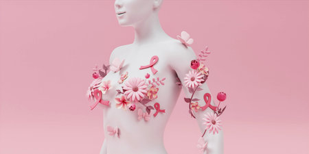 3d render, female bust, white mannequin covered with colorful paper flowers, woman silhouette isolated on pink background. Breast cancer support. Floral fashion concept. Modern botanical sculptureの写真素材
