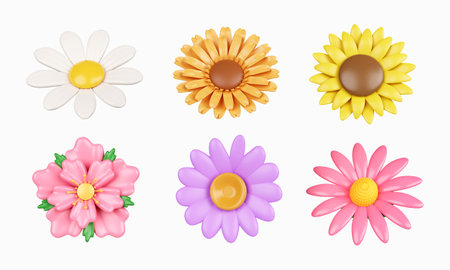 3d colorful flower set. icon isolated on white background. 3d rendering illustration. Clipping path.