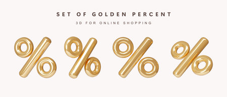 3d Set of golden percentage for shopping online concept. icon isolated on white background. 3d rendering illustration. Clipping path.の写真素材