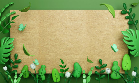 3d eco paper with green leaves on green background. save the planet and energy concept. 3d rendering illustration.の写真素材