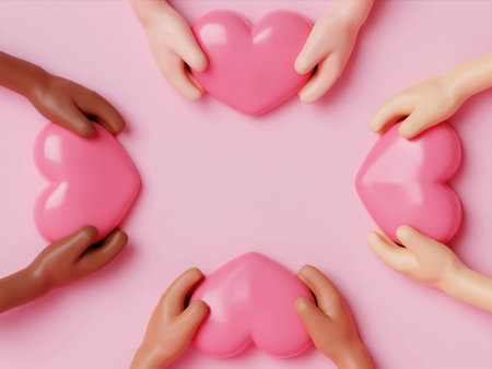 3d icon pink heart in hands. cartoon arm holding gesture hand give pink heart. Realistic illustration of donation love on pink background. valentine love forever theme, 3d rendering illustrationの写真素材