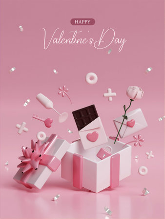Valentines day design. Realistic red gifts boxes. Open gift box full of decorative festive object. Holiday banner, web poster, flyer, stylish brochure, greeting card, cover. Romantic backgroundの写真素材