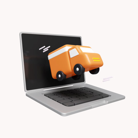 3d Shipping service online isometric concept with laptop and truck. Logistic digital shopping advert. icon isolated on white background. 3d rendering illustration. Clipping path.の写真素材