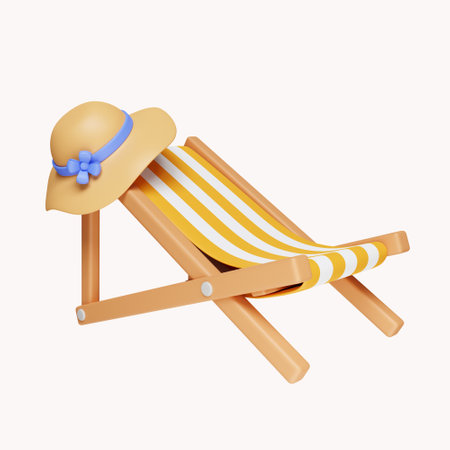3d Beach chairs and hat summer vacation and holidays concept. icon isolated on white background. 3d rendering illustration. Clipping path.の写真素材