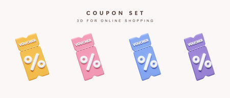 3d Set of color coupon discount for shopping online concept. icon isolated on white background. 3d rendering illustration. Clipping path.の写真素材