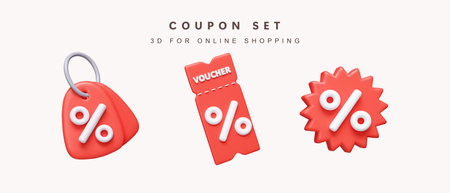 3d Set of red coupon discount for shopping online concept. icon isolated on white background. 3d rendering illustration. Clipping path.の写真素材