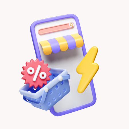 3d mobile phone with price tags for selling online shopping. Basket with promotion tag discount coupon. icon isolated on white background. 3d rendering illustration. Clipping path.の写真素材