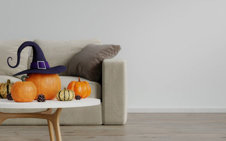 Halloween party in living room - decorations with lanterns and pumpkins , jack-o-lantern, modern classic style, 3D render 3D illustrationの写真素材