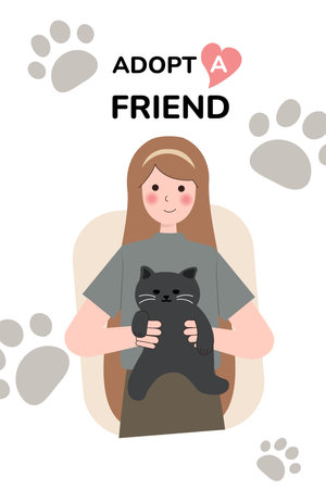 Happily cuddling beloved cat, Experiencing joy and comfort of pet ownership, Pet Adoption concept. Cartoon Vector Illustrationのイラスト素材