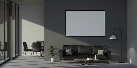 Blank horizontal poster frame mock up in Dark contemporary waiting room interior. Minimalist Scandinavian design. 3d renderingの写真素材