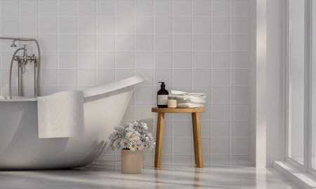 Contemporary bathroom. classic white vintage interior design, 3d renderの写真素材