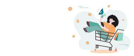 young woman sitting in shopping cart. Sales during shopping and purchase concept. Shopping and sales pleasure in the shop. Vector illustrationのイラスト素材