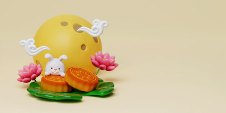 3d cute rabbits on baked mooncake with lotus and full moon on yellow background. Chinese palace aside. Translation: Happy mid autumn festival. 3d renderの写真素材