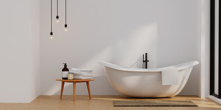 Minimal style white bathroom 3d render, white wall and wood floor, The room has large windows. 3d renderの写真素材