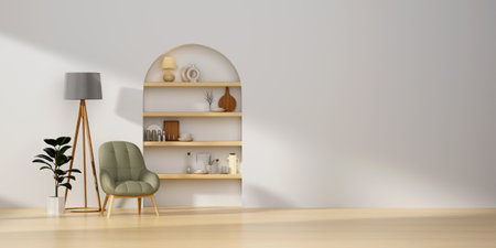 Contemporary interior living room design interior, bright walls, hardwood flooring, sofa, armchair with lamp. Concept of relax. 3d renderingの写真素材