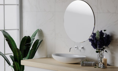 a counter with decoration on top wood with washbasin and modern style white bathroom 3d render, white wall and mirrors, The room has large windows. 3d renderの写真素材