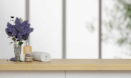 flower, spa towel, and candle on table top with blurred on wooden table over blurred window background. 3d renderの写真素材