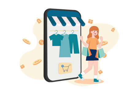 Woman carry shopping bags. online shopping in online shops. People buy fashion cloths in online shops. Shoppers buying on internet sale flat vector illustration.のイラスト素材