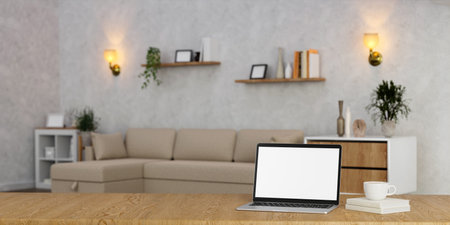 A desk with a laptop mockup with a blurred modern living room in the background. 3d render illustrationの写真素材