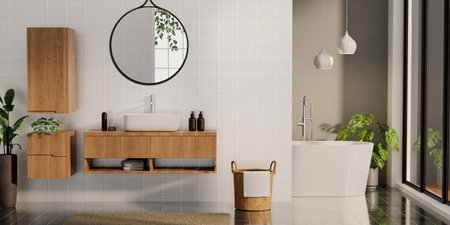 3D render a wood counter with decoration washbasin and modern style white bathroom 3d render, white wall ceramic and mirrors. 3d renderの写真素材