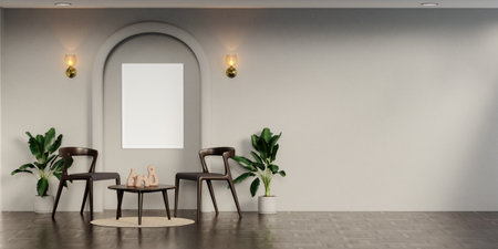 A blank room with sofa and frame and plant and with Minimal style 3d render, white wall and wood floor, The room has large windows. 3d renderの写真素材