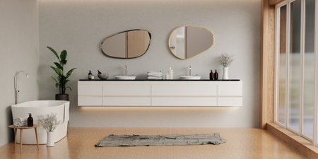 counter with ceramic washbasin and modern style white bathroom 3d render, white wall and mirrors, The room has large windows. 3d renderの写真素材