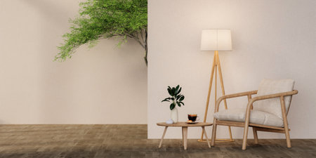 A blank room with sofa and shelf and plant and with Minimal style 3d render, white wall and wood floor, The room has large windows. 3d renderの写真素材
