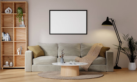 Minimal interior design of modern living room with beige fabric sofa and cushions. White wall with frame mockup space. 3d render illustrationの写真素材