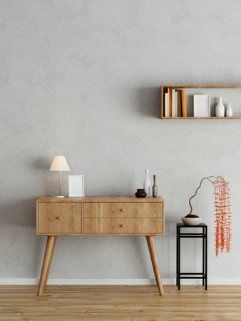 Empty wall in modern interior background, wooden office, 3D render illustration.