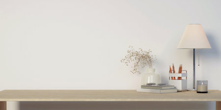 Cropped shot of comfortable office room with office supplies and copy space on wooden table 3d rendering, illustrationの写真素材