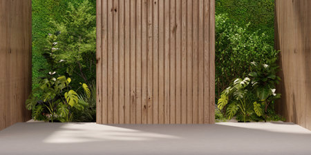 Empty room with tropical green plant and wood wall background 3d render, There are wooden floor and no decorate.の写真素材