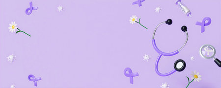 purple ribbon with flowers and space for world Cancer Awareness Month and World Cancer Day banner background design in 3D illustration.の写真素材