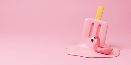 Pink stick ice cream melting with flamingo float on pastel pink background. Summer creative concept. 3d render illustration.の写真素材