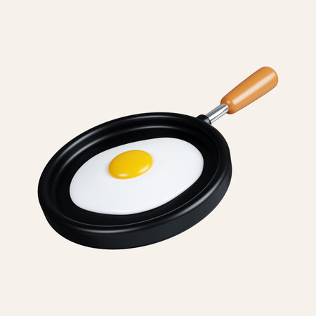 3d Fried egg in a frying pan. elements for camping, hiking , summer camp, traveling, trip. icon isolated on white background. 3d rendering illustration.の写真素材