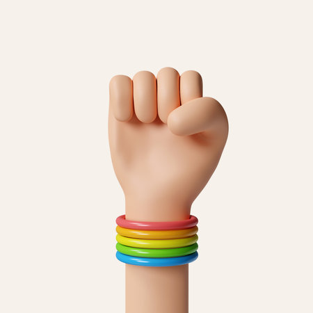 3d fists with pride support bracelets on a white background for for LGBTQIA Pride month celebration. icon isolated on white background. 3d rendering illustration.の写真素材