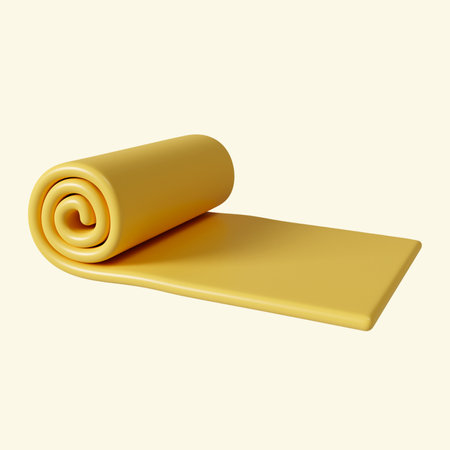 3d yellow yoga mat. Fitness and health. Exercise equipment. icon isolated on yellow background. 3d rendering illustration.の写真素材