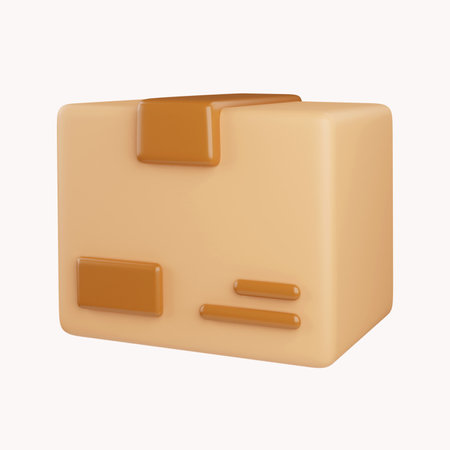 3D cardboard box icon with white symbols isolated on white background. Render delivery cargo box 3d...