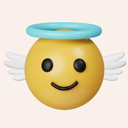 3d Angel emoticon. Holy emoticon with nimbus, happy yellow face with halo overhead. icon isolated on gray background. 3d rendering illustration.の写真素材