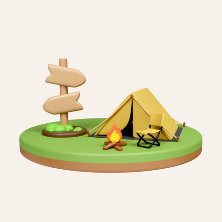 3d Campsite in nature and elements for camping, summer camp, traveling, trip, hiking. icon isolated on white background. 3d rendering illustration.の写真素材