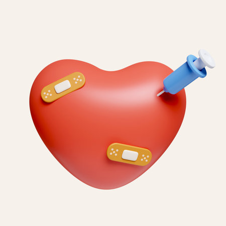 3d medical syringe and red broken heart. icon isolated on white background. 3d rendering illustration.の写真素材