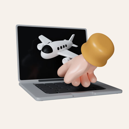 3D hand gesture on laptops and airplane. icon isolated on white background. 3d rendering...