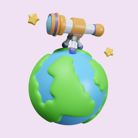 3d telescope with earth. icon isolated on purple background. 3d rendering illustration.の写真素材