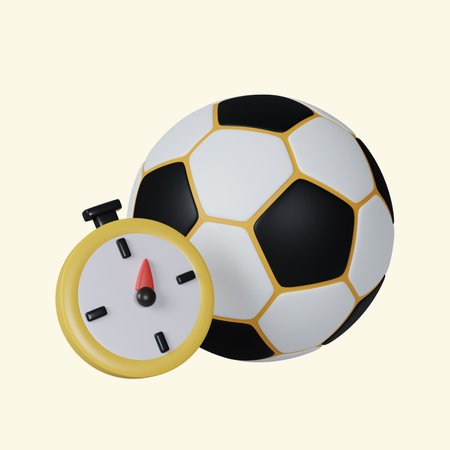 3d clock and football. Fitness and health. Exercise equipment. icon isolated on yellow background. 3d rendering illustration.の写真素材
