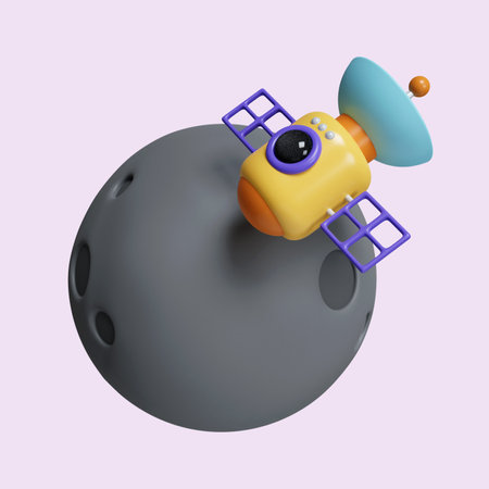 3d satellite dish in moon. concept for signal moving communication and live broadcasting. icon isolated on purple background. 3d rendering illustration.の写真素材